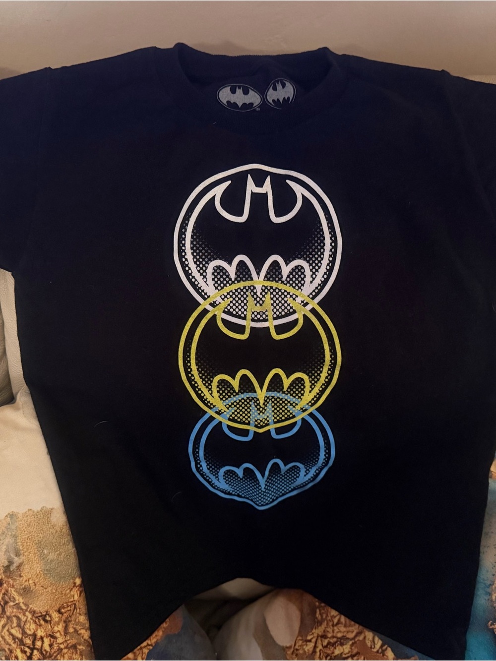 DC Kids Black Tee with White, Yellow & Blue Batman Logos